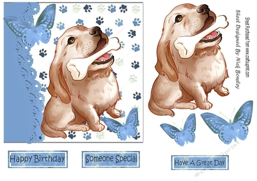 Cute painted dog with his bone and  butterflies 7x7 (blue)