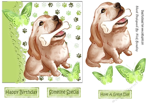 Cute painted dog with his bone and  butterflies 7x7 (green)