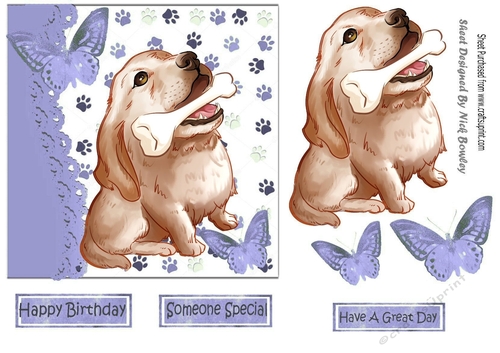 Cute painted dog with his bone and  butterflies 7x7 (purple)