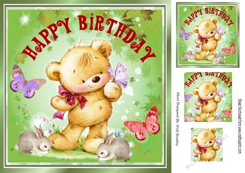 Cute little teddy with bunnies and butterflies 8x8