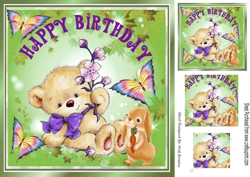 Cute little teddy sitting down with bunny and butterflies 8x8