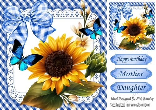 Lovely Sunny Sunflowers with blue gingham bow, frame and butterflies 8x8