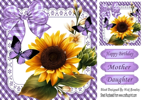 Lovely Sunny Sunflowers with purple gingham bow, frame and butterflies 8x8