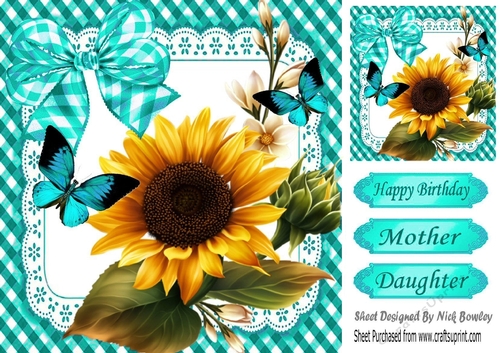 Lovely Sunny Sunflowers with turq gingham bow, frame and butterflies 8x8