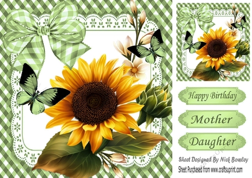 Lovely Sunny Sunflowers with green gingham bow, frame and butterflies 8x8