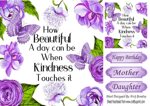 Pretty purple roses, butterflies and script card front 8x8