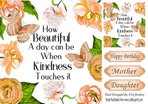 Pretty peach roses, butterflies and script card front 8x8