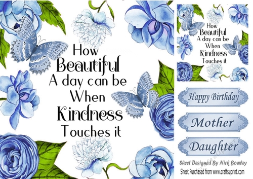 Pretty blue roses, butterflies and script card front 8x8