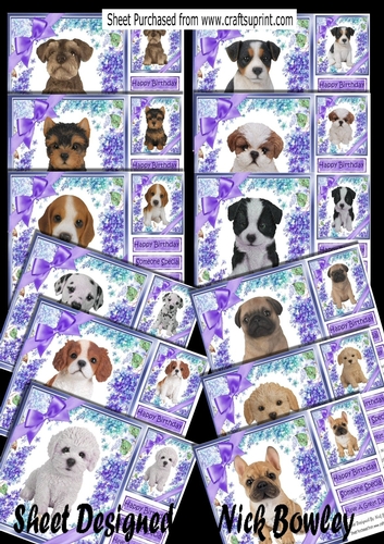 12 Gorgeous little puppies with purple bows and flowers card fronts 8x8 bumper kit