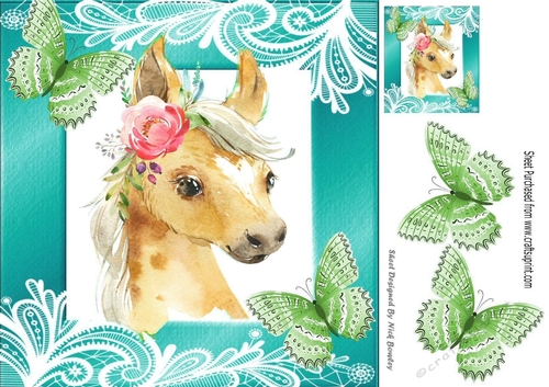 Pretty  water colour Horse in turq frame with swirls and butterflies 8x8