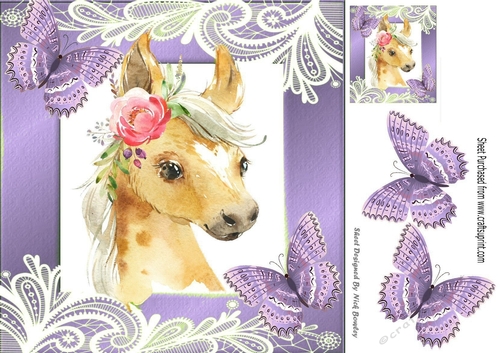 Pretty  water colour Horse in purple frame with swirls and butterflies 8x8