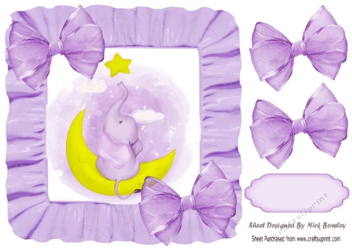 sweet little elephant sitting on a moon in purple frill  8x8 frame