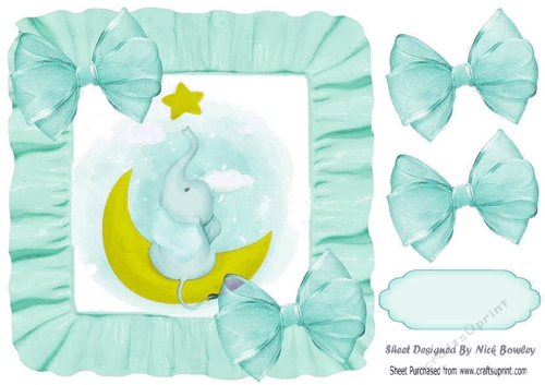 sweet little elephant sitting on a moon in turq frill 8x8 frame