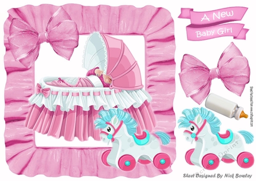 Basinette with baby girl in pink frill frame with bows 8x8