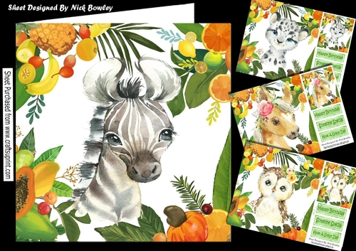  4 Lovely Tropical Animals in  Fruit Frame 8x8 card fronts mini kit (SET 2)