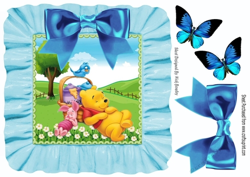 Snoozy bear and friends in frill frame 8x8 with blue bow
