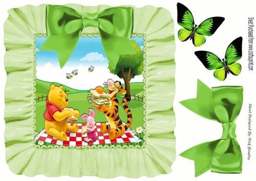 Picnic time with bear and friends in frill frame 8x8 with green bow