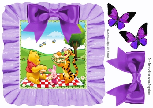 Picnic time with bear and friends in frill frame 8x8 with purple bow