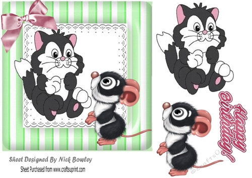 Cute cat & mouse in striped green frame with lace and bow 7x7