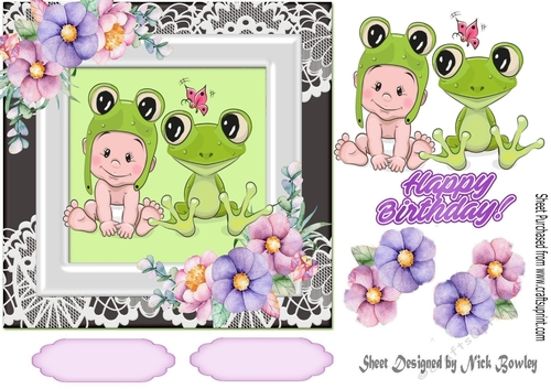 Cute baby and frog with flowers in ornate frame 7x7