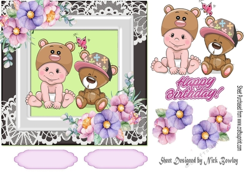 Cute baby and teddy bear with flowers in ornate frame 7x7