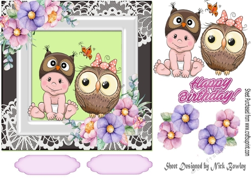 Cute baby and little owl with flowers in ornate frame 8x8