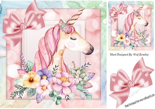 Pretty princess unicorn with flowers and in rainbow 8x8 frame