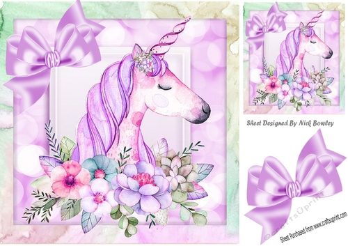 Pretty princess unicorn in lilac with flowers and in rainbow 8x8 frame