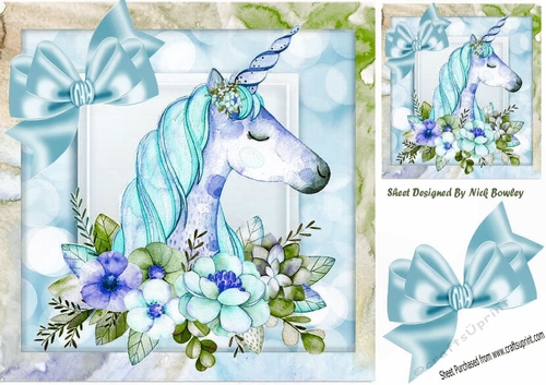 Pretty princess unicorn in turq with flowers and in rainbow 8x8 frame