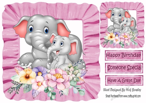 Cute mum and cute baby elephant wih flowers in frill frame 8x8