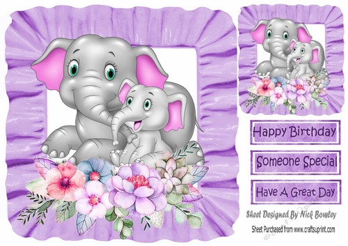 Cute mum and cute baby elephant with flowers in purple frill frame 8x8