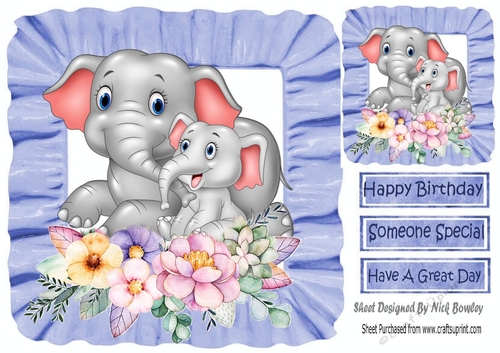 Cute mum and cute baby elephant with flowers in blue frill frame 8x8