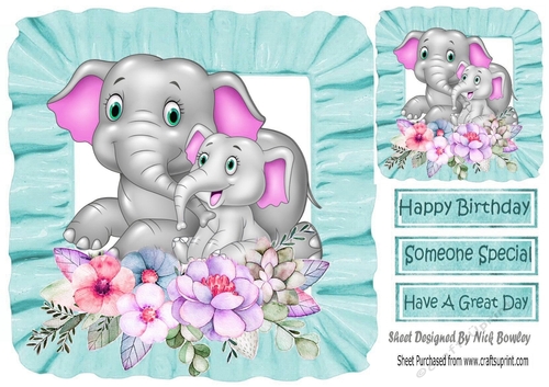 Cute mum and cute baby elephant with flowers in turq frill frame 8x8