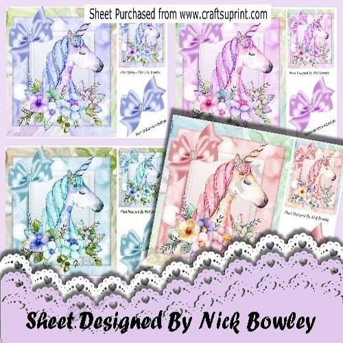 4 Lovely Coloured princess unicorns with flowers 8x8  card fronts Mini Kit