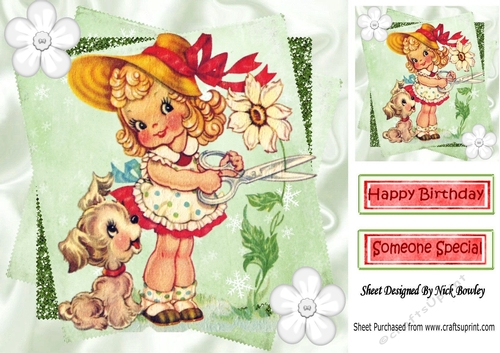 Little girl with her puppy gardening 8x8