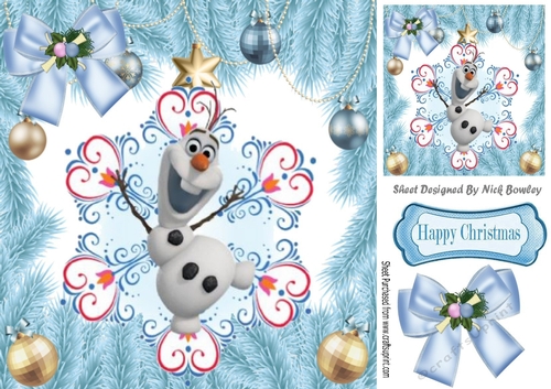 Olaf dancing snowman with bow and blue baubles 8x8