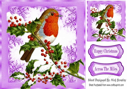 Lovely robin on a branch of berries with snow (lilac) 8x8