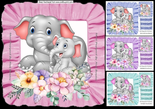Cute mum and cute baby elephants wih flowers in frill frames 8x8 mini kit