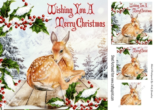 sleeping deer with holly and berries with snow 8x8