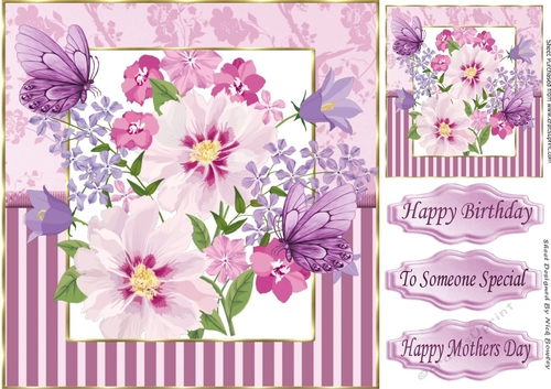 pretty shades of water colour flowers  pink/purple stripe 8x8 frame