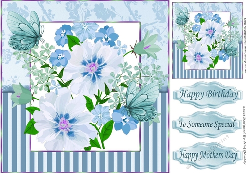 pretty shades of water colour flowers blue/turq stripe 8x8 frame