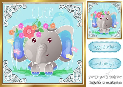 Cute painted  elephant with flowers and ornate corners 8x8 
