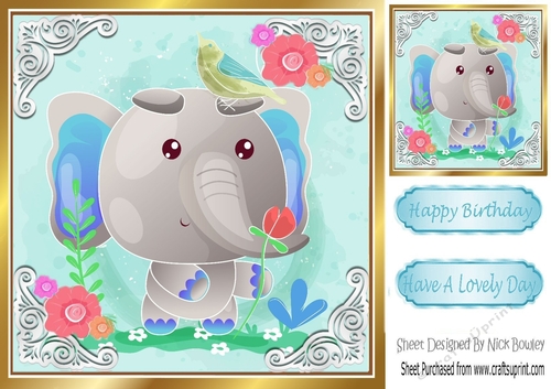 Cute painted  elephant with flowers and bird  with ornate corners 8x8