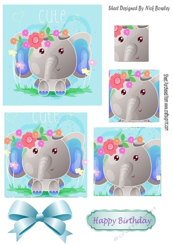 Cute painted  elephant with flowers and turq bow pyramids 