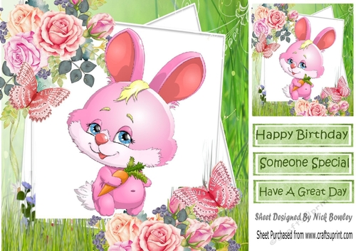 cute pink bunny with carrot and butterfly 8x8
