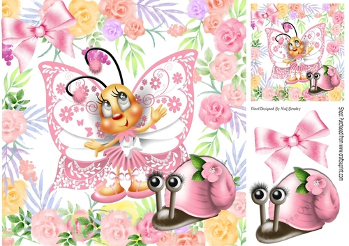 sweet toony pink butterfly with snail in flower garden 8x8