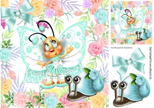 sweet toony turq butterfly with snail in flower garden 8x8