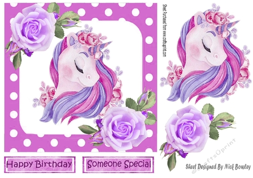 pretty lilac rainbow unicorn with roses and polkadot  7x7