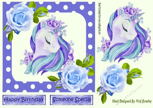 pretty blue rainbow unicorn with roses and polkadot  7x7
