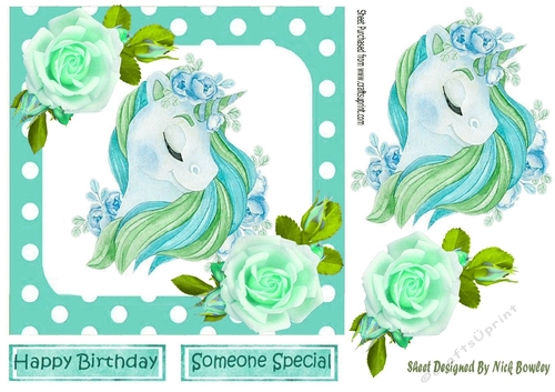 pretty turq rainbow unicorn with roses and polkadot  7x7